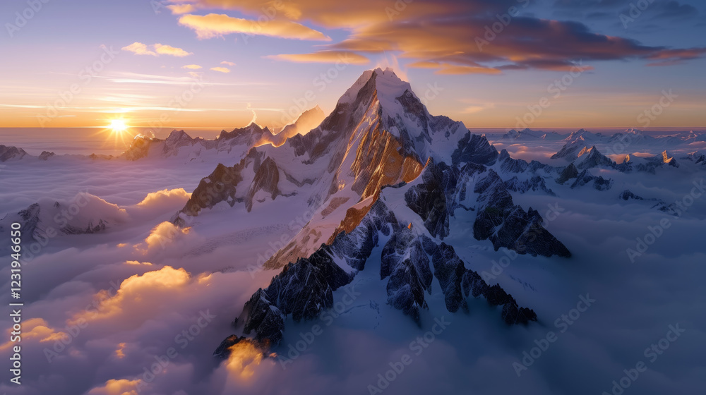 Aerial View of Snowy Mountain Peak at Sunset Aerial View of Snowy Mountain Peak at Sunset