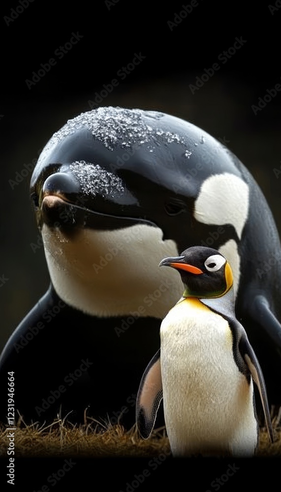 Naklejka premium Majestic Orca Whale and Tiny Penguin Share a Moment Together Against a Dark Background