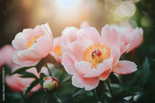 A close-up of delicate pink peonies, their petals radiating with softness and beauty, creating an enchanting floral background 