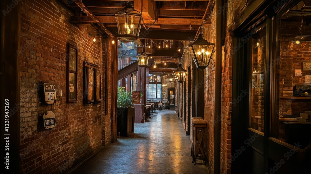A rustic hallway showcasing exposed brick walls, wooden beams, and charming decorative elements like lanterns and vintage signs, evoking a warm, homey feel A rustic hallway showcasing exposed brick walls, wooden beams, and charming decorative elements like lanterns and vintage signs, evoking a warm, homey feel