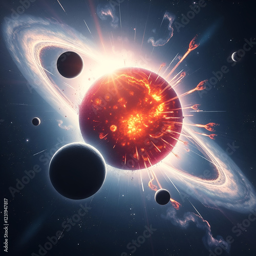 Planets in a galaxy colliding with each other, causing a massive galactic explosion, a scientific scenario depicting the collision of two planets. photo