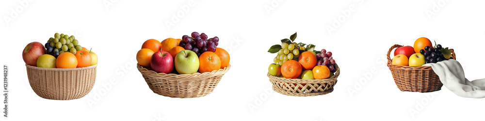 set of A basket of fresh apples, oranges and grapes, A fruit basket of apples, oranges and, grapes, A basket filled with fresh apples, oranges and grapes, on a transparent backgrounds set of A basket of fresh apples, oranges and grapes, A fruit basket of apples, oranges and, grapes, A basket filled with fresh apples, oranges and grapes, on a transparent backgrounds