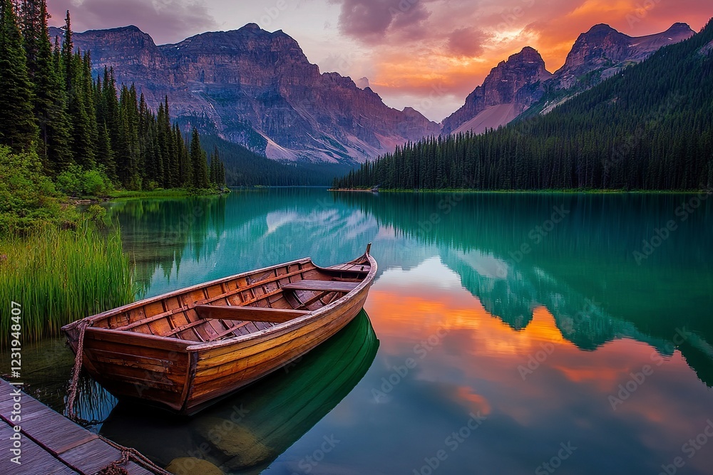 Serene Mountain Lake: Wooden Rowboat at Sunset Serene Mountain Lake: Wooden Rowboat at Sunset