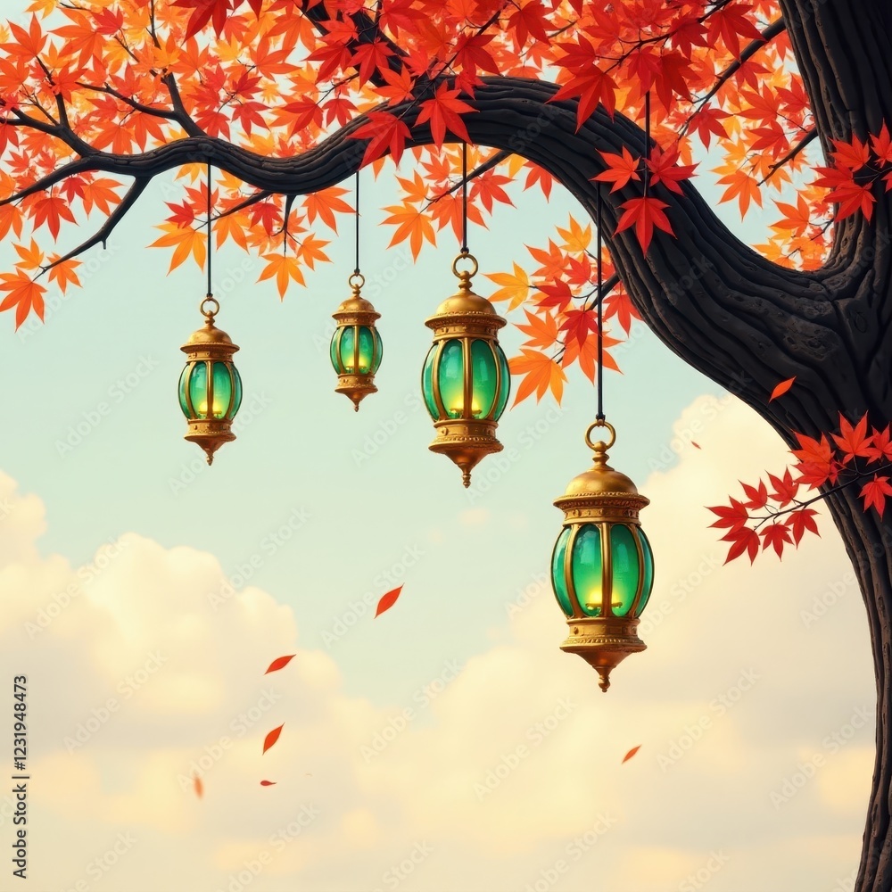 Obraz premium Golden lanterns with green glass shades hanging from a black tree branch, nature, cozy, autumnal