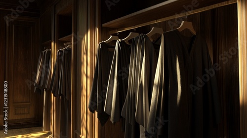 Judge's robes hanging in a wood-paneled room, sunlight streaming through window. Use Law, justice concept