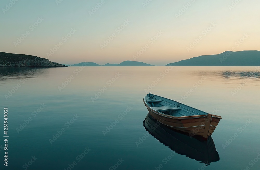 Solitary Wooden Rowboat at Serene Sunset Seascape Solitary Wooden Rowboat at Serene Sunset Seascape