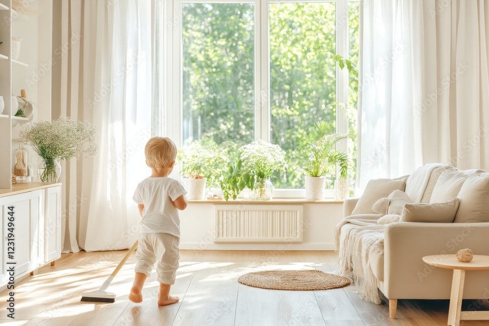 Young boy sweeping wooden floor in a bright living room with natural sunlight and modern decor Young boy sweeping wooden floor in a bright living room with natural sunlight and modern decor