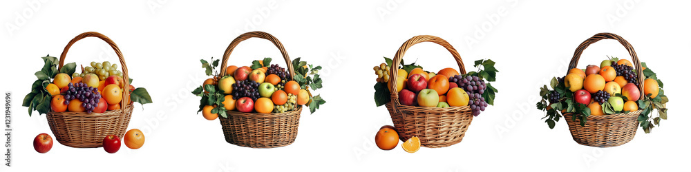 set of A basket of fresh apples, oranges and grapes, A fruit basket of apples, oranges and, grapes, A basket filled with fresh apples, oranges and grapes, on a transparent backgrounds set of A basket of fresh apples, oranges and grapes, A fruit basket of apples, oranges and, grapes, A basket filled with fresh apples, oranges and grapes, on a transparent backgrounds