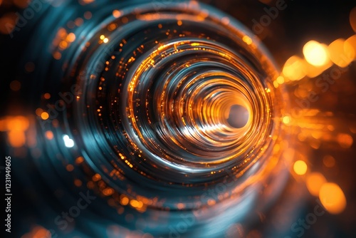 Abstract representation of time as spiraling light trails, intertwining and merging in a digital expanse.