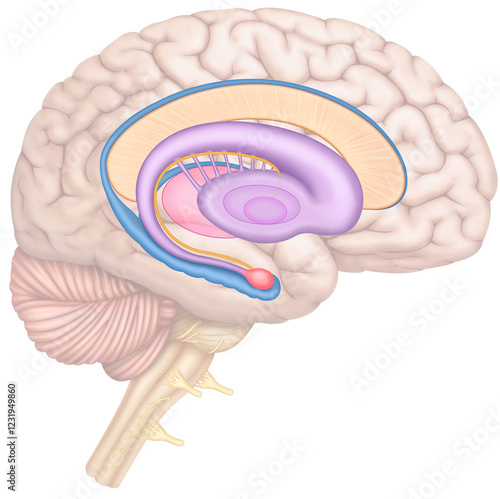 Representation of the brain and the limbic system. Set of brain structures involved in emotions, memory, and behavior. Including the amygdala, hippocampus, and hypothalamus.