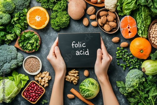 Healthy food options showcasing folic acid with fresh ingredients like legumes, citrus fruits, greens, and nuts in natural light photo