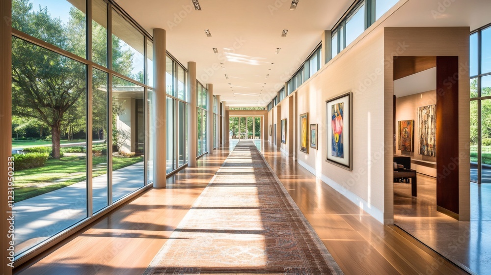 A spacious modern hallway featuring sleek design elements, large windows allowing natural light to flood in, and a stylish rug adding a pop of color A spacious modern hallway featuring sleek design elements, large windows allowing natural light to flood in, and a stylish rug adding a pop of color