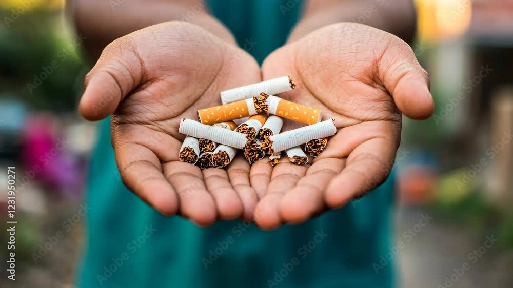 Hands hold discarded cigarettes in a demonstration of anti-smoking awareness outdoors Hands hold discarded cigarettes in a demonstration of anti-smoking awareness outdoors