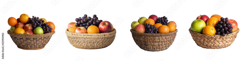 set of A basket of fresh apples, oranges and grapes, A fruit basket of apples, oranges and, grapes, A basket filled with fresh apples, oranges and grapes, on a transparent backgrounds set of A basket of fresh apples, oranges and grapes, A fruit basket of apples, oranges and, grapes, A basket filled with fresh apples, oranges and grapes, on a transparent backgrounds