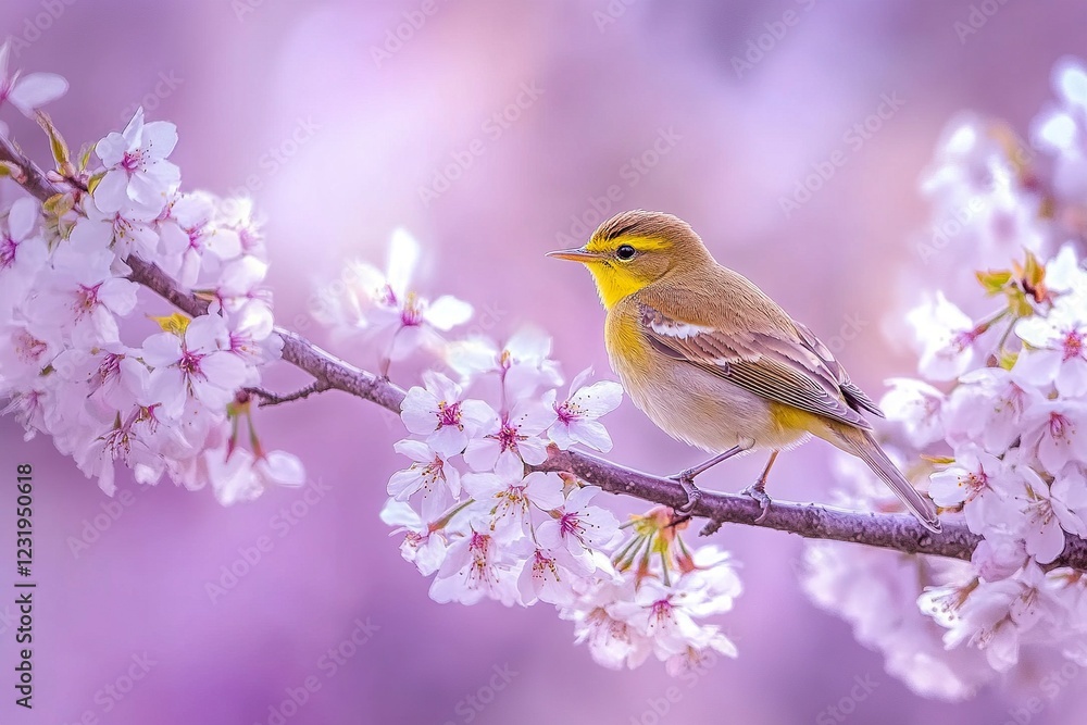 Serene Yellow Bird Amidst Delicate Spring Blossoms Serene Yellow Bird Amidst Delicate Spring Blossoms