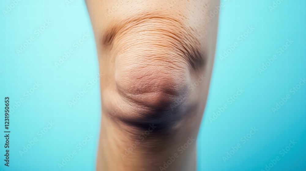 Fototapeta premium A close-up of a human elbow joint, showcasing the skin texture and folds around the knee area against a blue background.