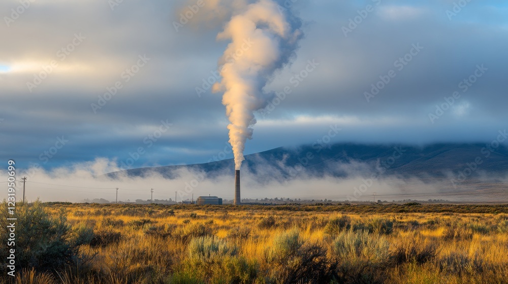 A swirling plume of smoke coming from a chimney in a rural setting, merging with a foggy morning sky in an isolated, peaceful landscape A swirling plume of smoke coming from a chimney in a rural setting, merging with a foggy morning sky in an isolated, peaceful landscape