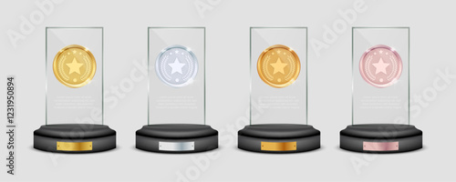 Realistic Glass Trophy and Award: Crystal Prizes with Gold, Silver, Bronze and Rose Gold Medals on Gray Background – Perfect for Competition Winner Rewards and Trophy Design Elements. Vector.