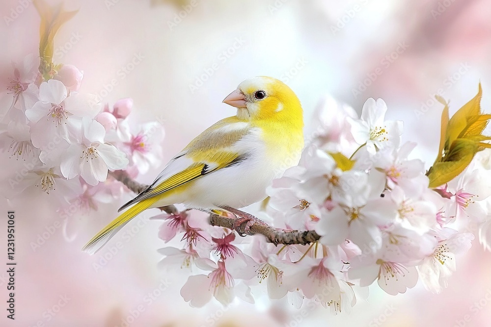 Serene Yellow Bird Amidst Delicate Spring Blossoms: A Pastel Dream Serene Yellow Bird Amidst Delicate Spring Blossoms: A Pastel Dream