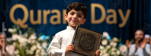 A young Muslim child stands proudly, holding an ornamental Quran in his hands
