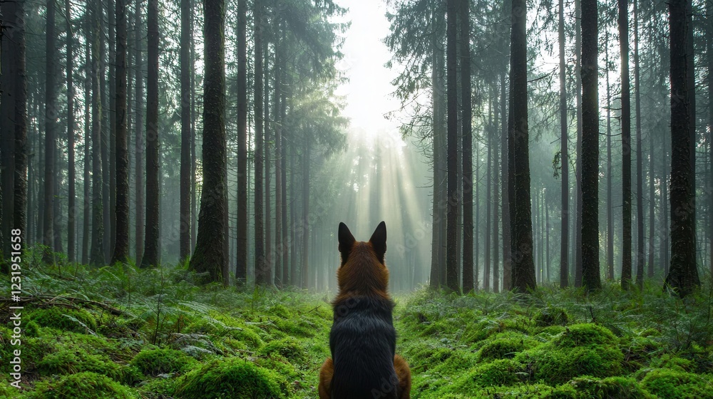 A dog sits in a lush, green forest, surrounded by tall trees and soft sunlight filtering through the mist, creating a serene and tranquil atmosphere. A dog sits in a lush, green forest, surrounded by tall trees and soft sunlight filtering through the mist, creating a serene and tranquil atmosphere.
