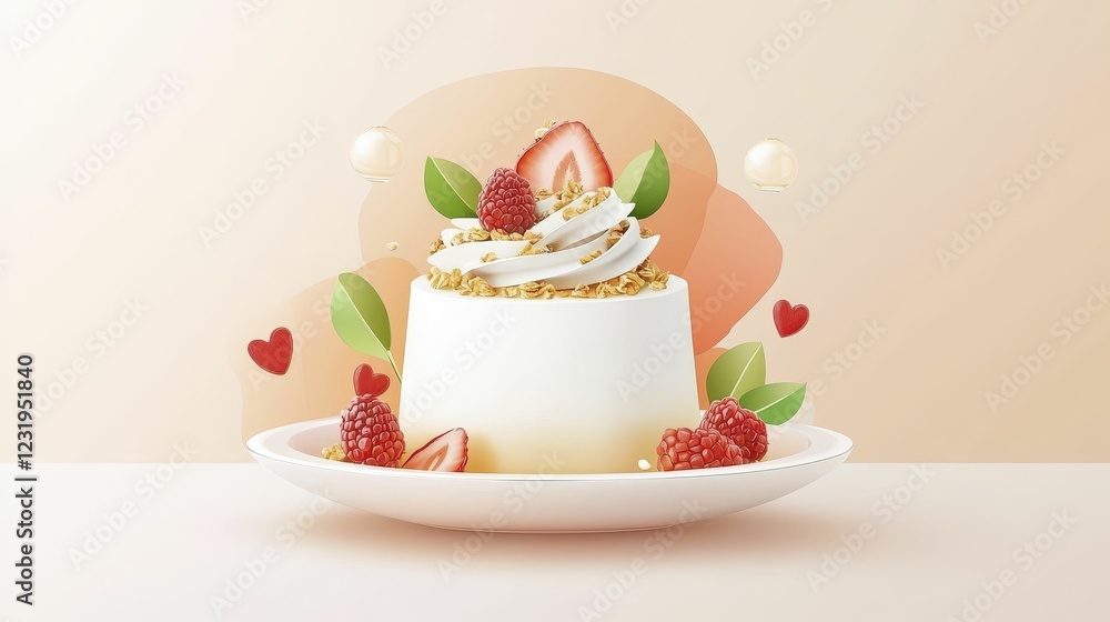 A delicate dessert topped with fresh strawberries, raspberries, and whipped cream, surrounded by playful decorative elements. A delicate dessert topped with fresh strawberries, raspberries, and whipped cream, surrounded by playful decorative elements.