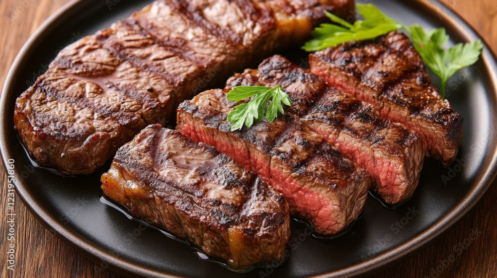 A top-down view of a steak dinner setup, with a perfectly cooked sirloin steak resting on a plate, accompanied by simple garnish for an elegant presentation A top-down view of a steak dinner setup, with a perfectly cooked sirloin steak resting on a plate, accompanied by simple garnish for an elegant presentation
