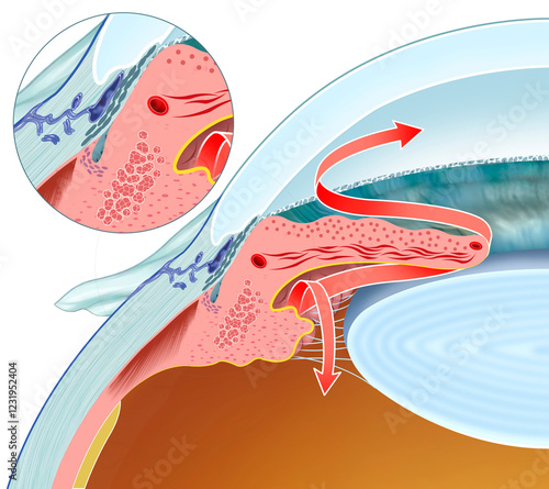 Schematic representation of glaucoma. A progressive eye disease that damages the optic nerve, usually due to elevated intraocular pressure, causing irreversible vision loss.
