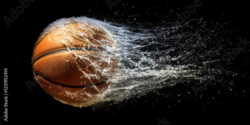Basketball in mid-air with water droplets