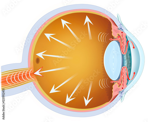 Illustration of the eyeball with glaucoma. A progressive disease that damages the optic nerve, usually due to elevated intraocular pressure, causing irreversible vision loss.