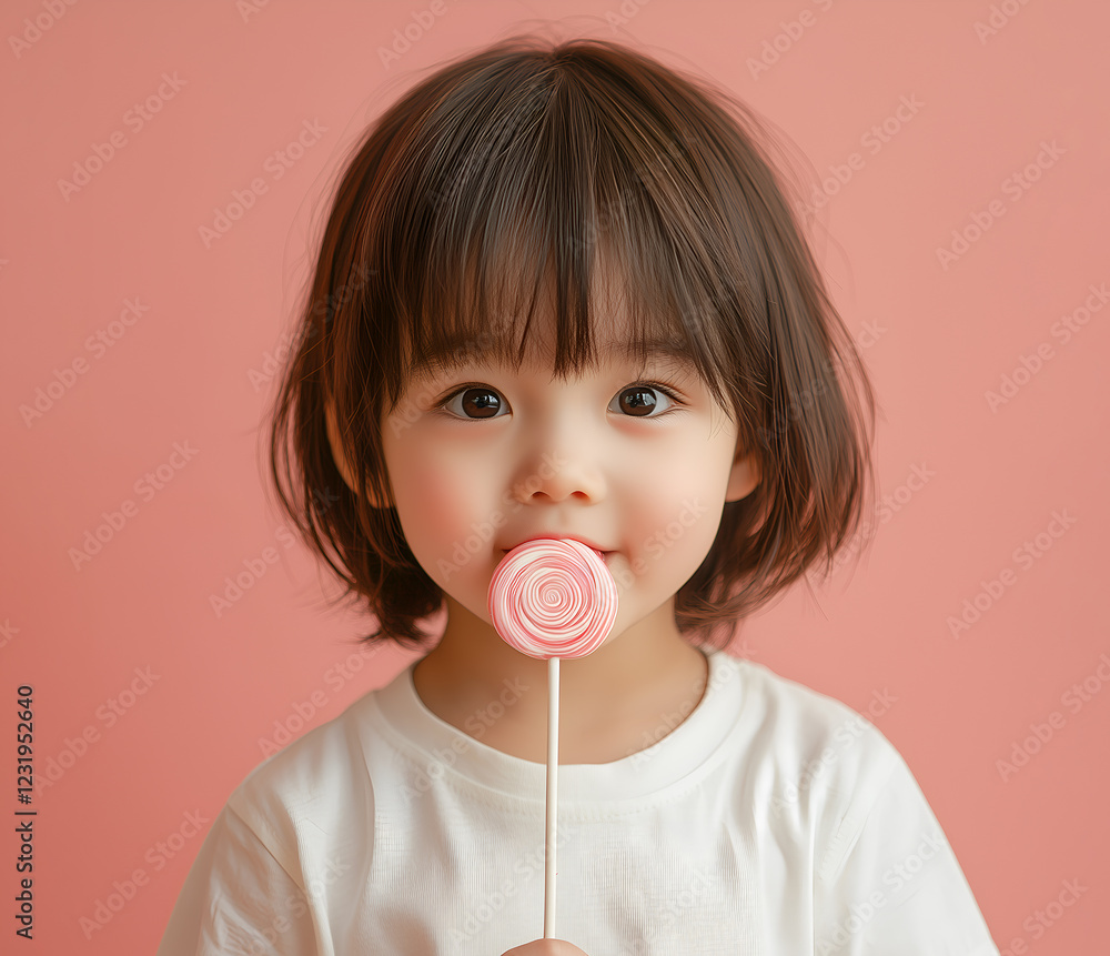 Adorable toddler girl with pink lollipop, happy child with sweet treat, cute kid portrait against a pink background Adorable toddler girl with pink lollipop, happy child with sweet treat, cute kid portrait against a pink background