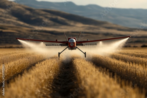 Agricultural drone spraying crops in a golden field at sunset photo