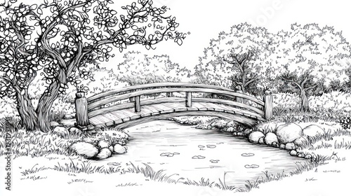 Wallpaper Mural Serene garden bridge over stream, peaceful trees, nature illustration, card design Torontodigital.ca