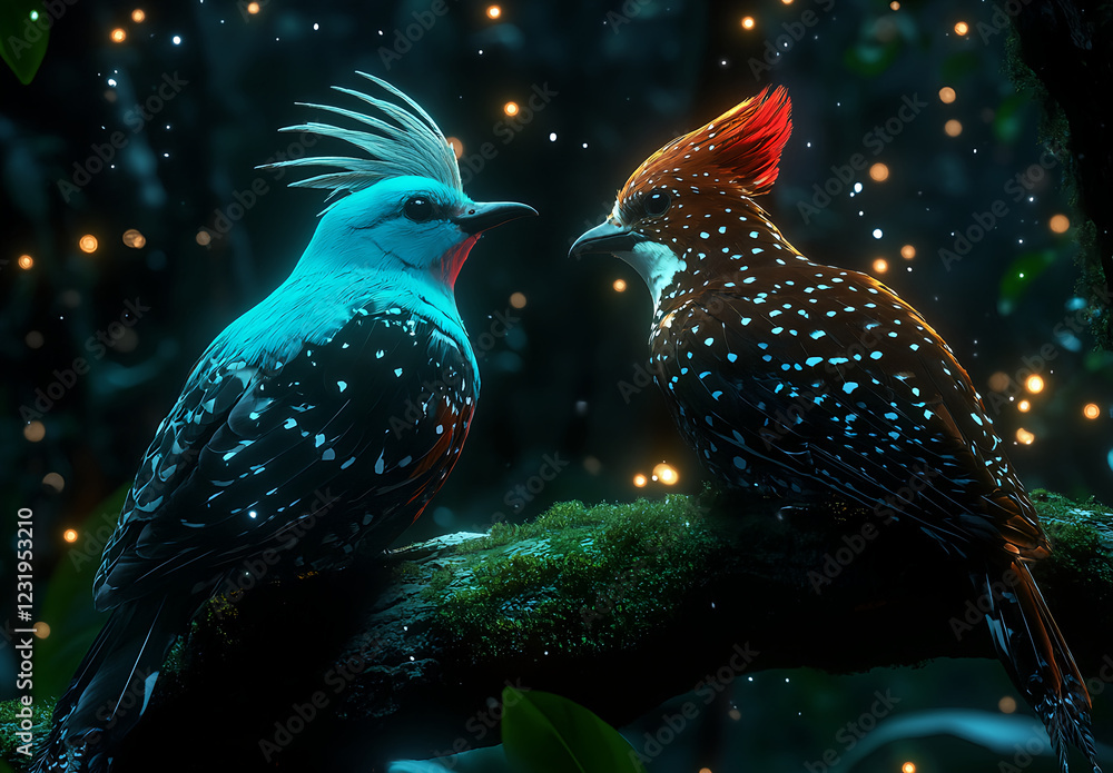 Obraz premium Two birds perched on mossy branches, one blue and the other brown with white spots, bathed in golden hour lighting, a photorealistic, cinematic scene. 
