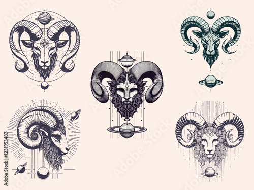 Aries Astrological zodiac horoscope sign collection, line art silhouette design illustration set.