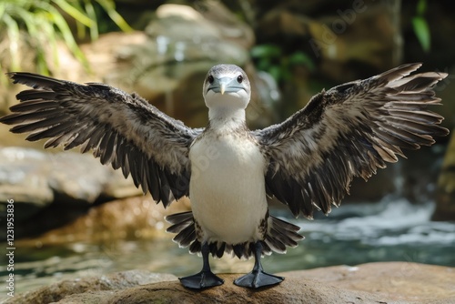 Flightless cormorant spreading wings on a rock photo