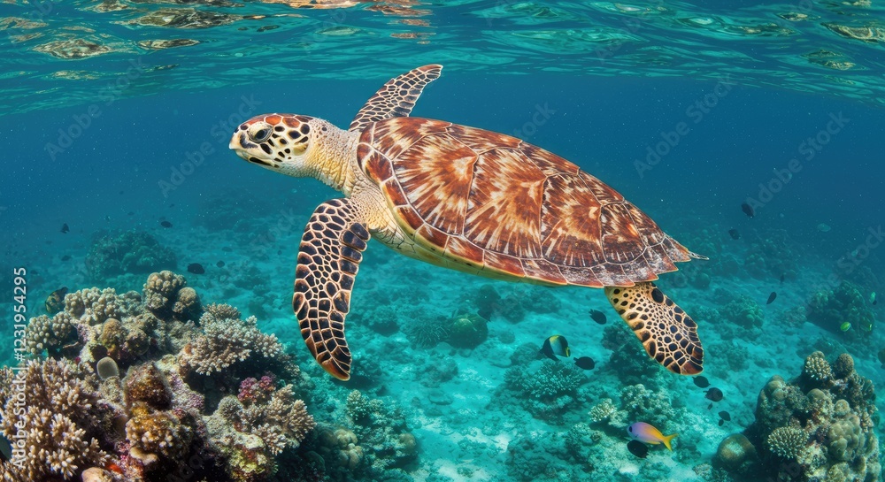 Fototapeta premium hawksbill turtle swimming near a coral reef in crystal-clear waters