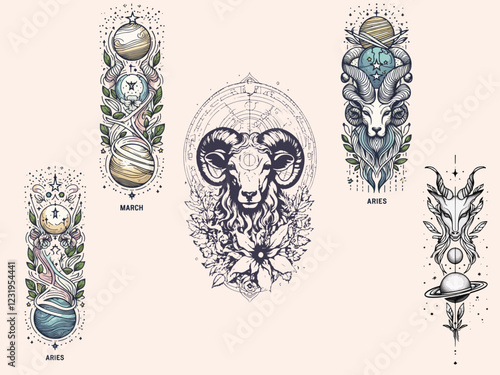 Aries Astrological zodiac horoscope sign collection, line art silhouette design illustration set.