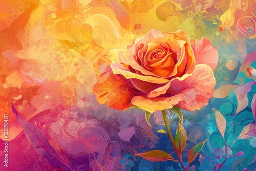 A vibrant orange rose blossoms against a colorful abstract background