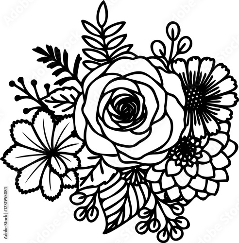 Hand drawing floral line art illustration featuring detailed rose,daliah,aster,foliage,leaves, and botanical elements. For coloring pages, tattoo designs, laser cutting, and decorative clipart.
