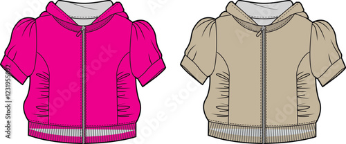 Obraz na plátně Girls Short Sleeve Hooded Zip-Up Jacket Fashion Flat Sketch