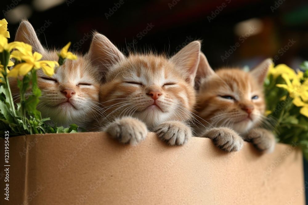 Three ginger little cats are sleeping in a cardboard box with yellow flowers. Cats look very relaxed, poster or postcard. love for pets. animal feed Three ginger little cats are sleeping in a cardboard box with yellow flowers. Cats look very relaxed, poster or postcard. love for pets. animal feed