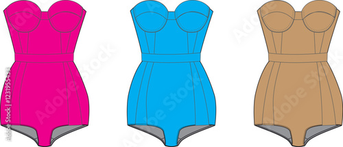 Fashion Design- Three Color Options of a  Strapless Bodysuit Technical Flat Sketch