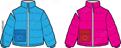 Kids Puffer Jacket Design Fashion Flat Sketch illustration