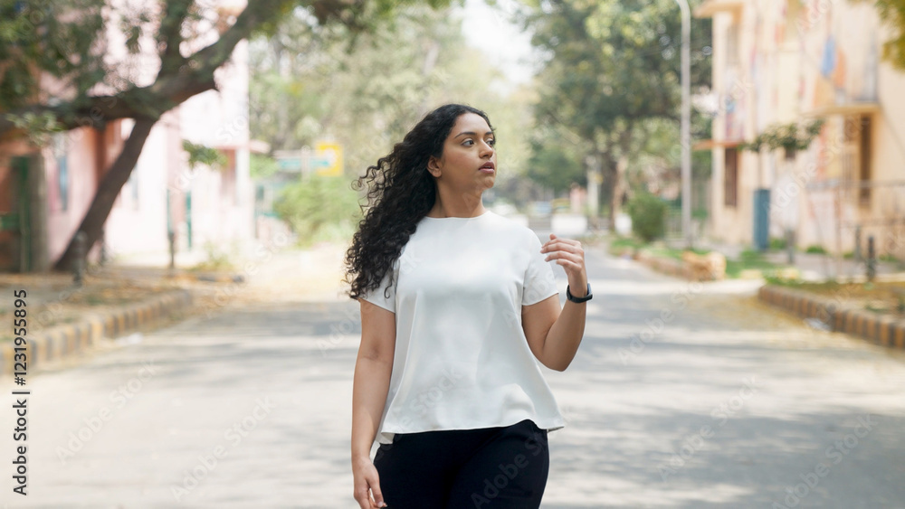 Beautiful Indian Woman with Curly Hair Walking On Street Beautiful Indian Woman with Curly Hair Walking On Street
