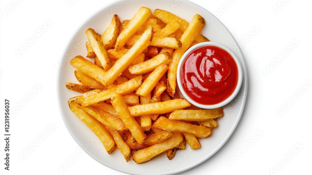 Crispy golden French fries served on a plate with a side of ketchup for dipping Crispy golden French fries served on a plate with a side of ketchup for dipping