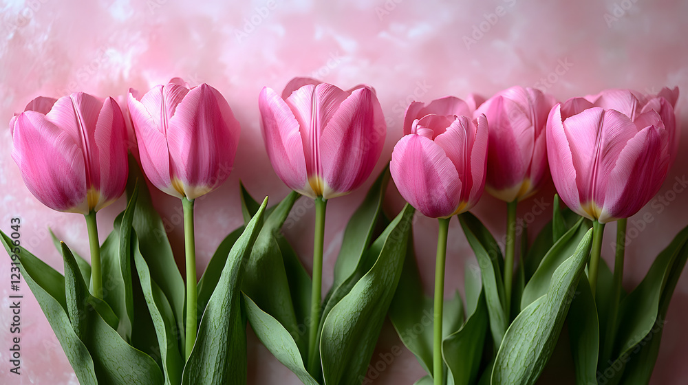 Pink flowers are arranged in a row, with their stems sticking out of the ground. The flowers are tall and slender, with green leaves at the bottom Pink flowers are arranged in a row, with their stems sticking out of the ground. The flowers are tall and slender, with green leaves at the bottom