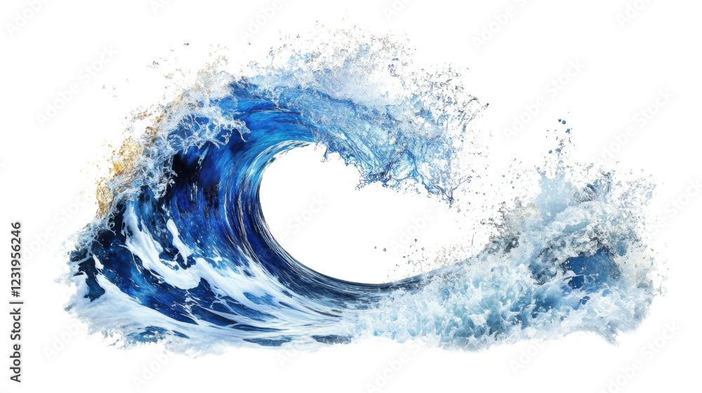 Fototapeta premium Big blue ocean wave breaking with foam and transparent background