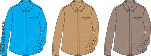 Men's Long Sleeve Button Down Shirt Technical Flat Sketch Design Template
