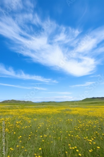 A field of yellow flowers with a blue sky in the background. The sky is clear and the sun is shining brightly